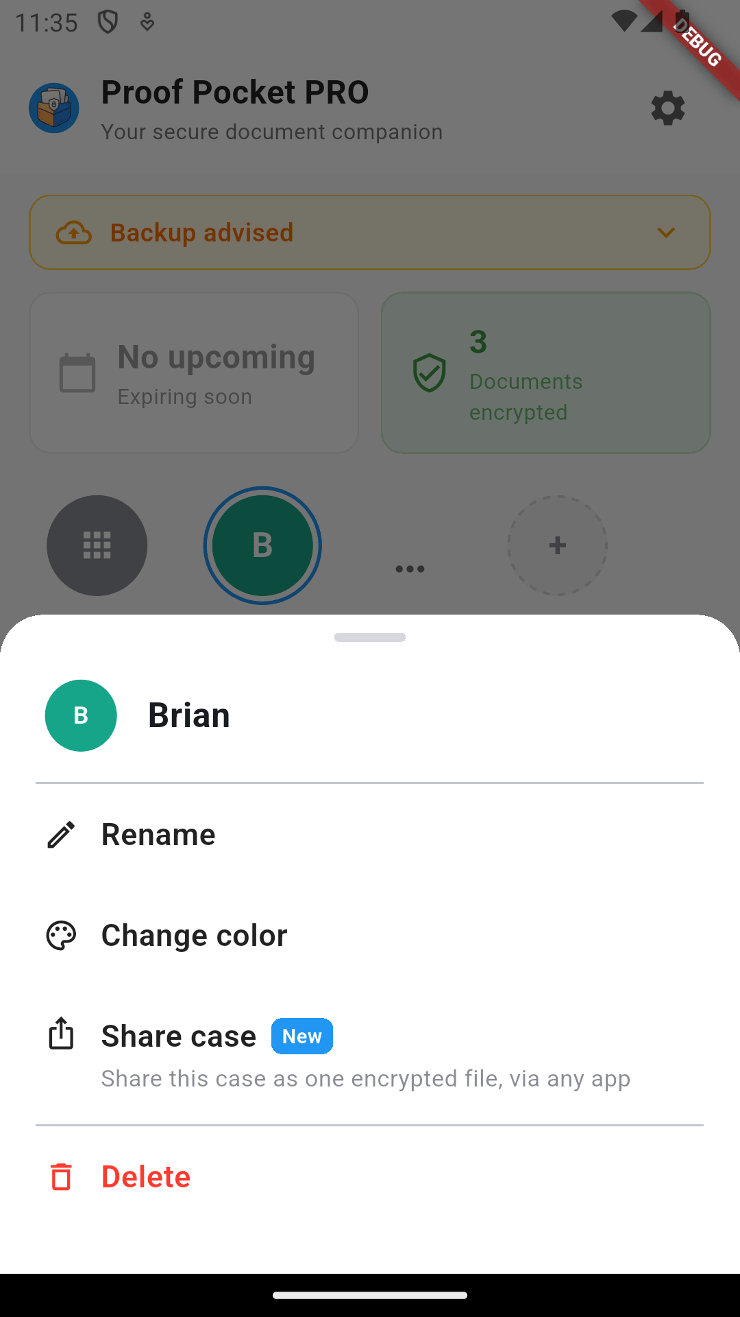 The case menu with the new "Share case" option