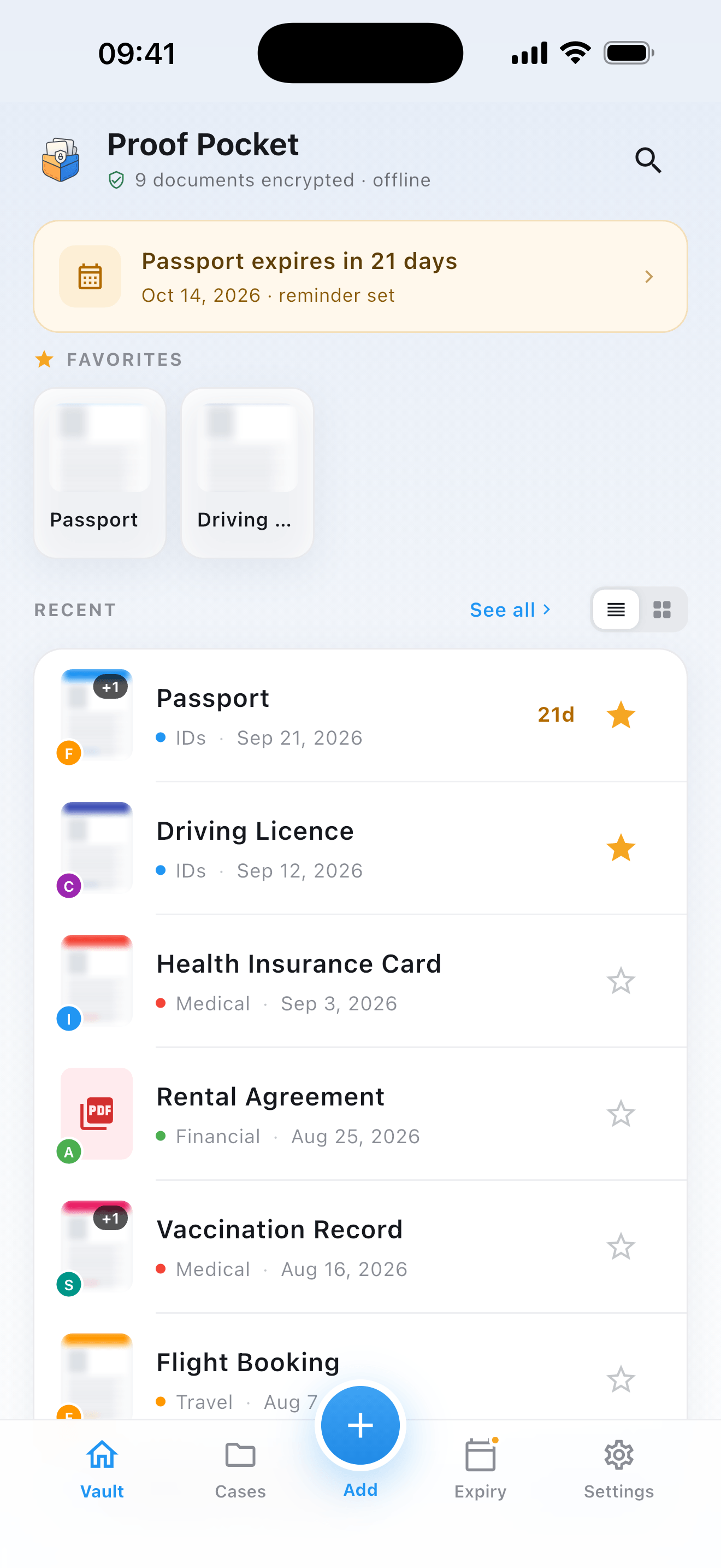 The new Vault tab: expiry banner, favourites and recent documents