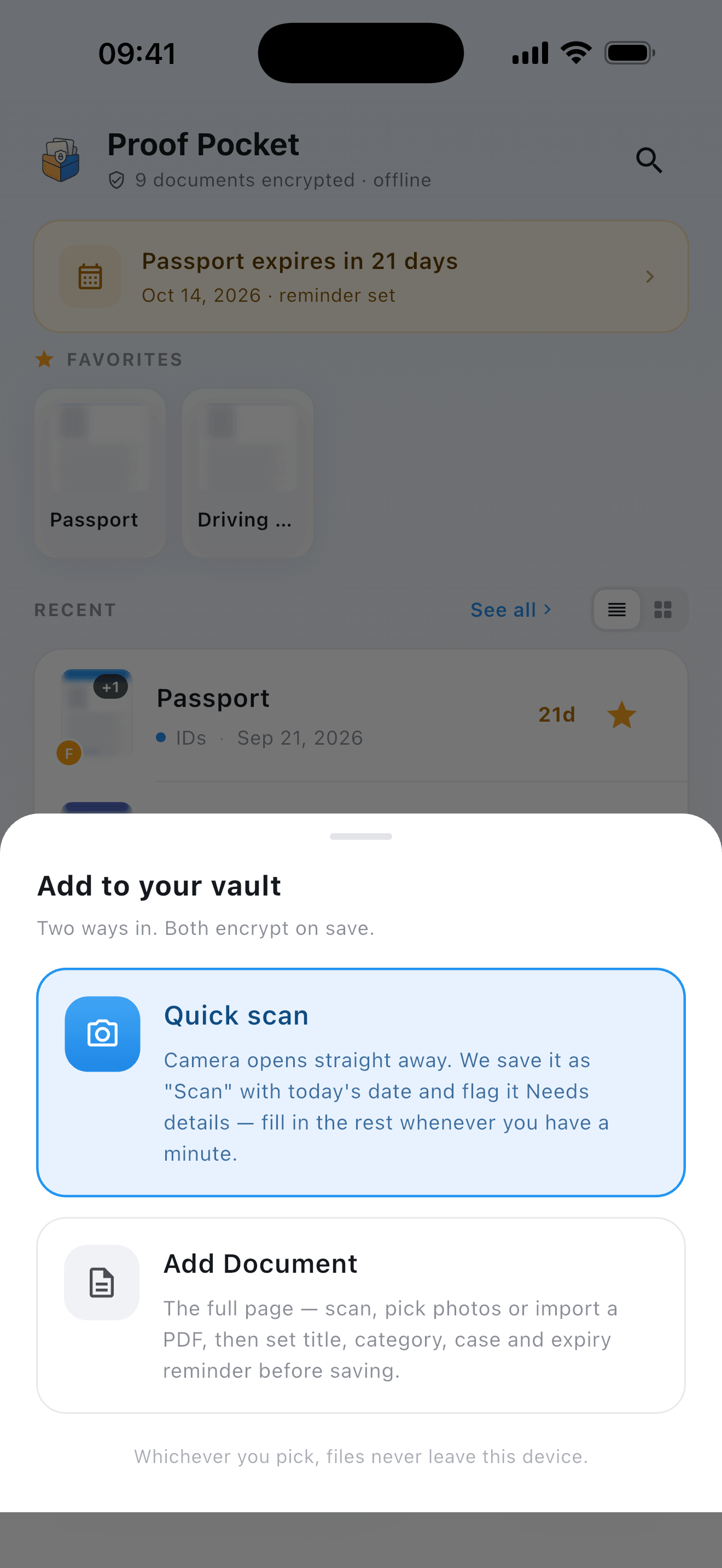 Two ways to add a document: Quick scan or the full Add Document page