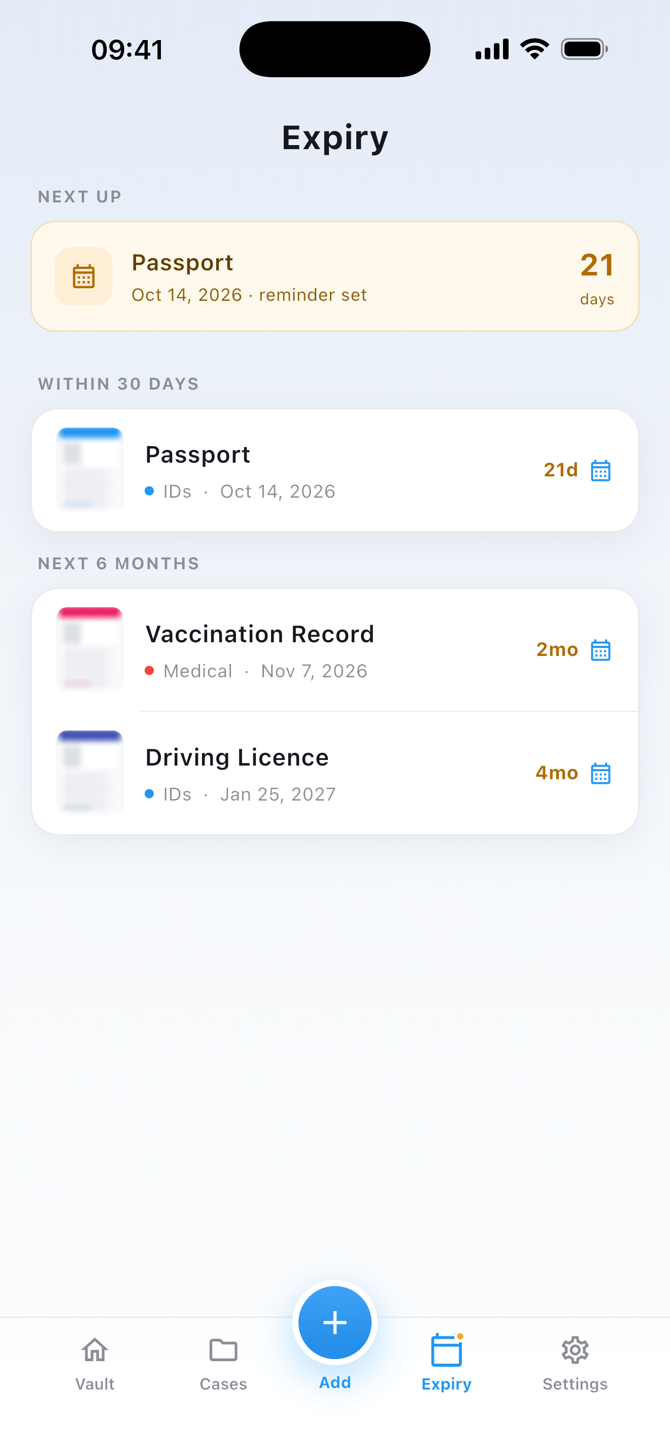 The Expiry tab groups documents by how soon they expire