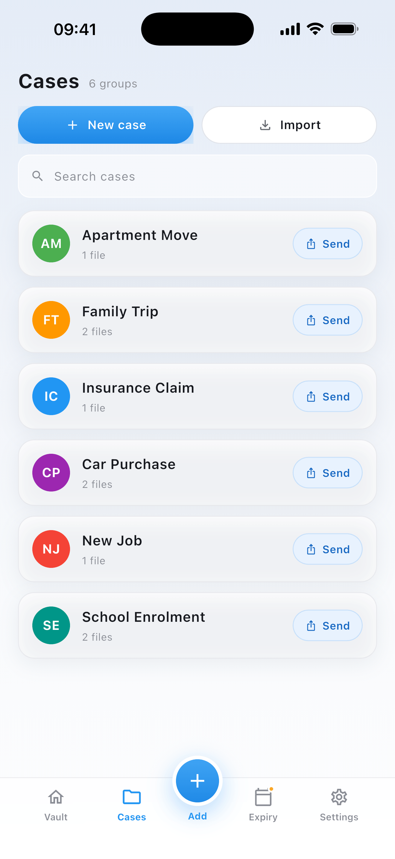 The Cases tab: create, import, search and send cases