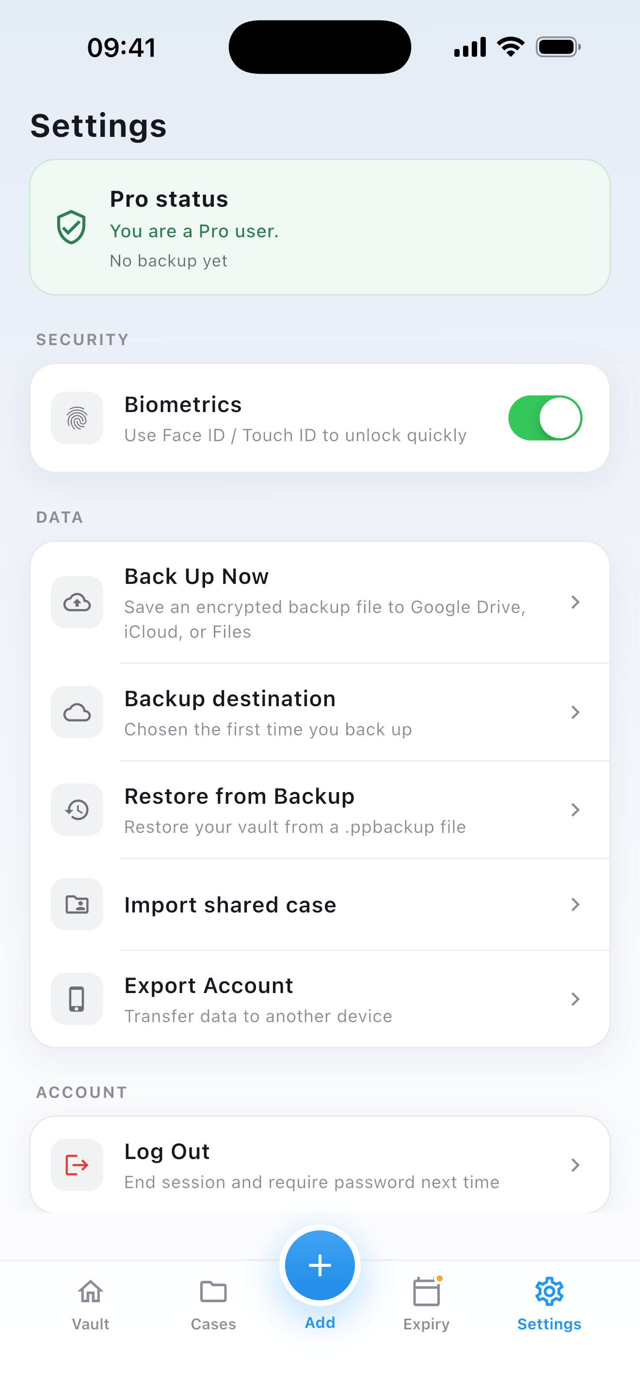 Backup and restore options in Settings
