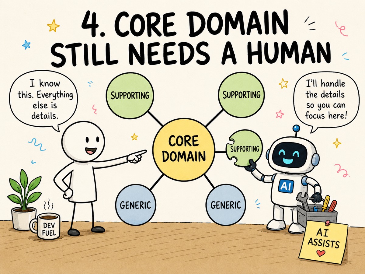 The core domain stays with a human; AI handles supporting and generic parts