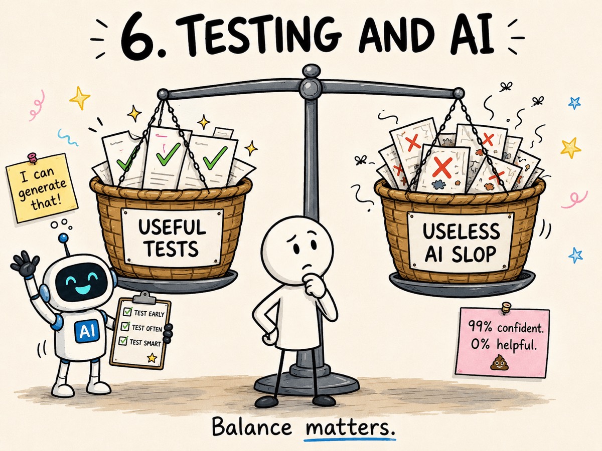 Useful tests versus useless AI-generated tests on a balance scale